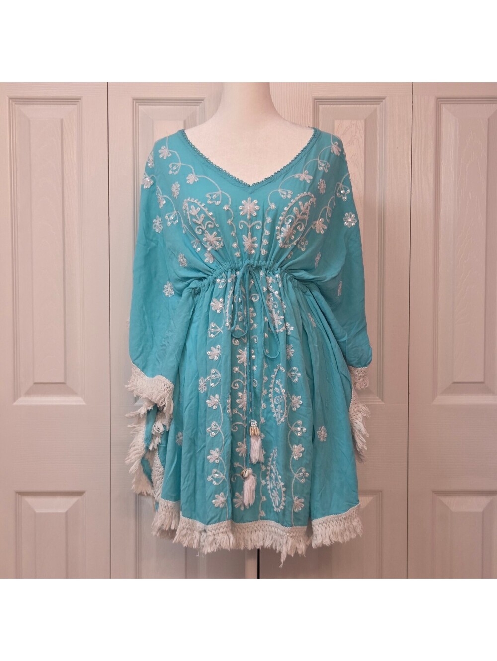 Vintage Y2K Turquoise Blue Beach Coverup Poncho Mermaid Boho Floral Embroidered